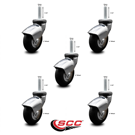 SERVICE CASTER 3 Inch Bright Chrome Hooded Neoprene Rubber 12mm Threaded Stem Casters SCC, 5PK SCC-TS03S310-NPRB-BC-M1215-5